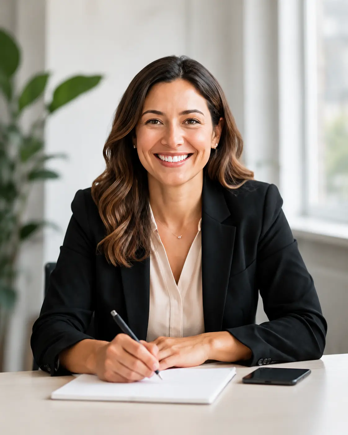 Care consultancy professional smiling at her desk