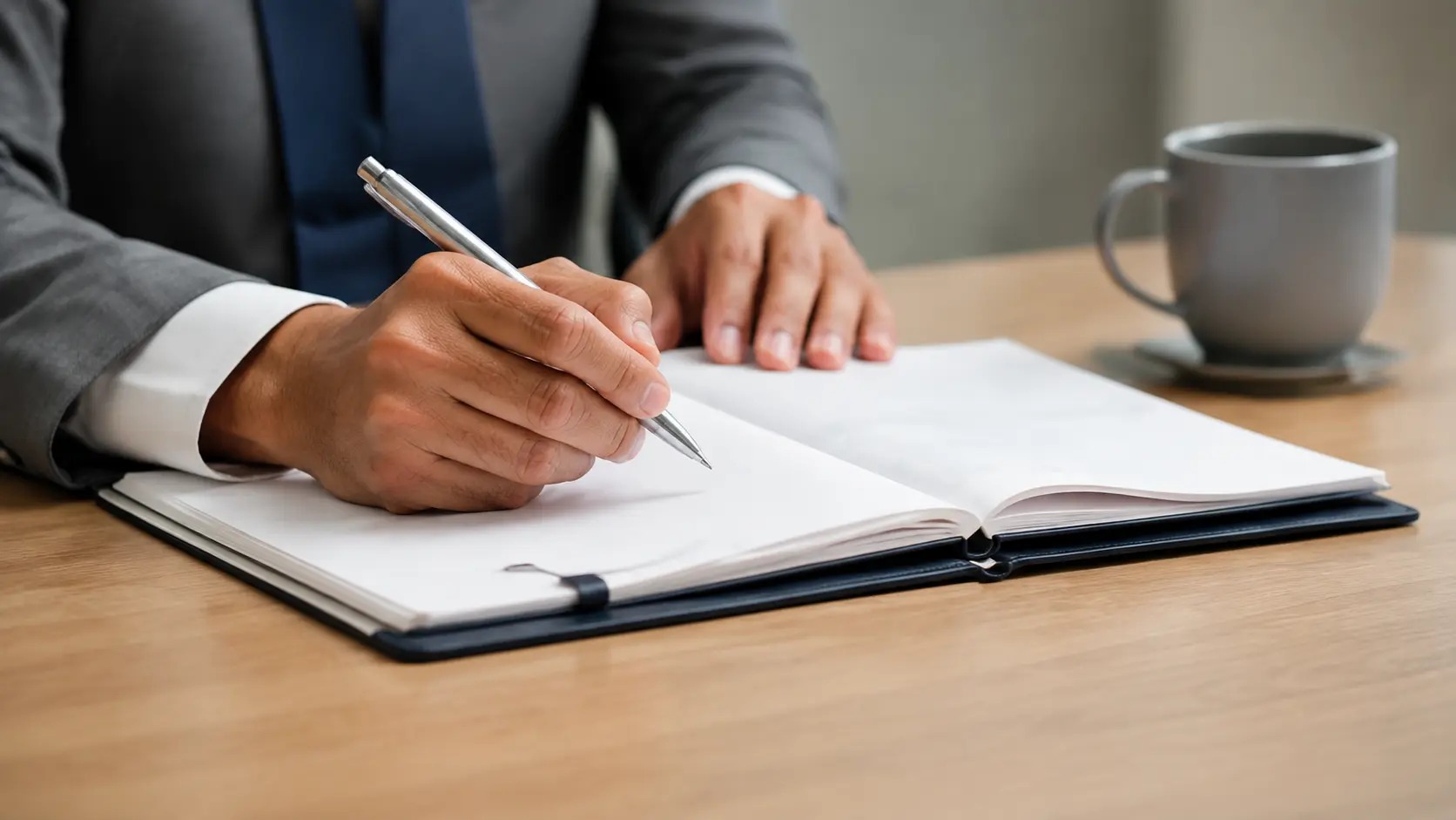 Professional writing in a compliance notebook at a desk