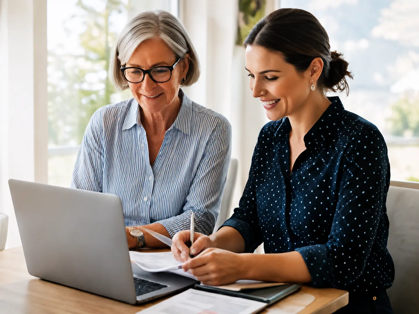 Two care professionals reviewing compliance documents beside a laptop
